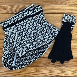 Michael Kors Black White MK Monogram Logo Infinity Scarf and Gloves Set